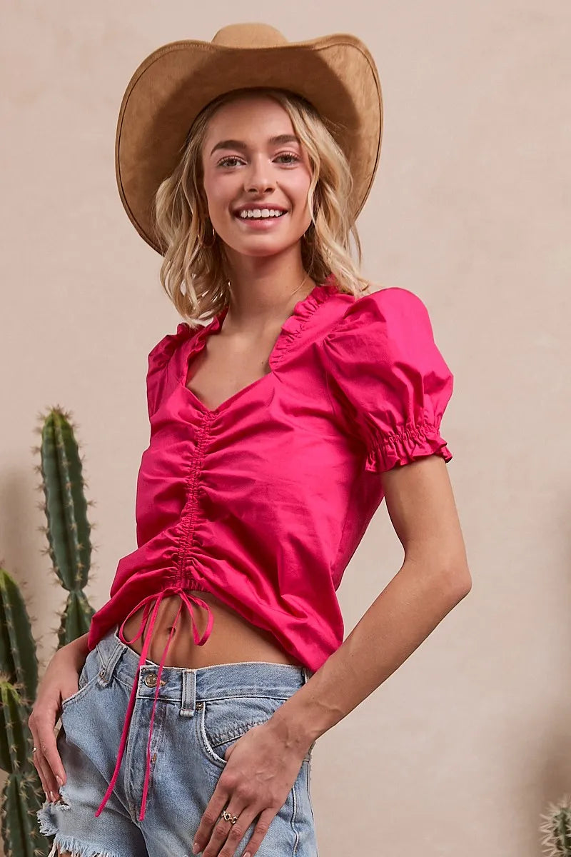 BiBi Ruffled Square Neck With Front Ruched Puff Sleeve in Fuschia