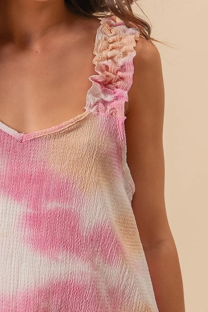BiBi Tie Dye Printed Textured Woven Top with Ruffled Sleeve