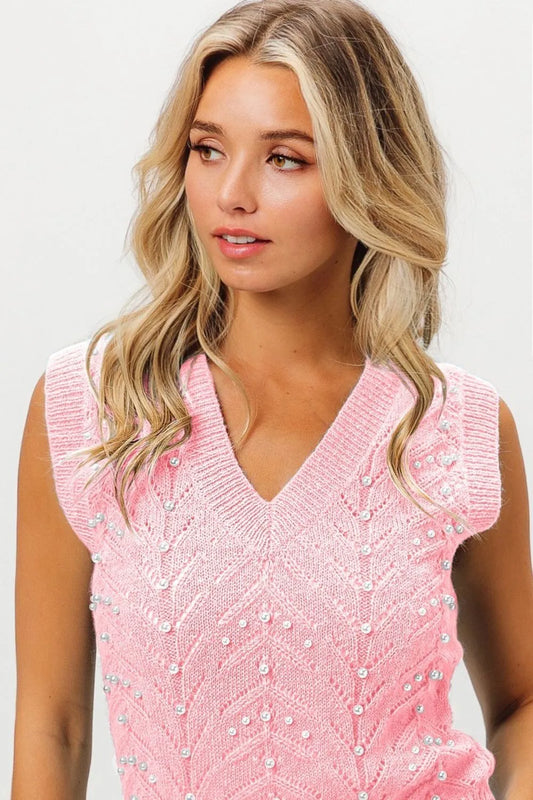 BiBi Chevron Pointelle Pearl Knit Top in Blush