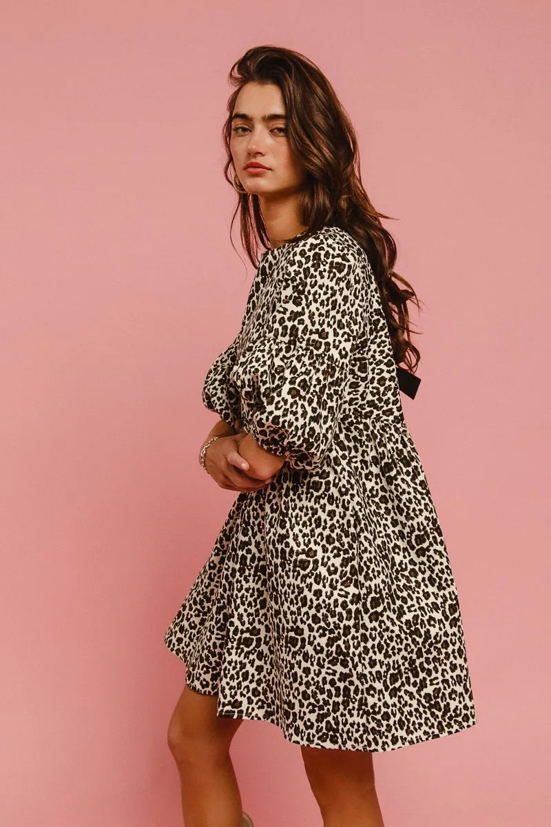BiBi Leopard Denim Dress With Back Contrast Tie Detail