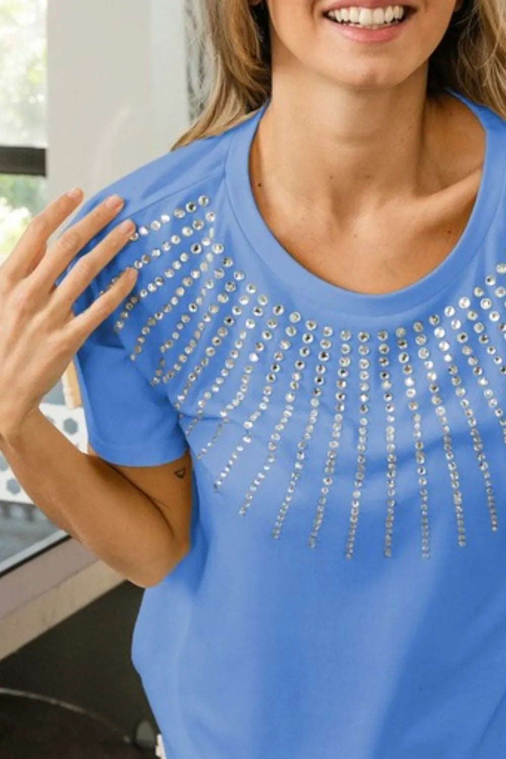 BiBi Rhinestone Beaded Short Sleeve Top in Blue