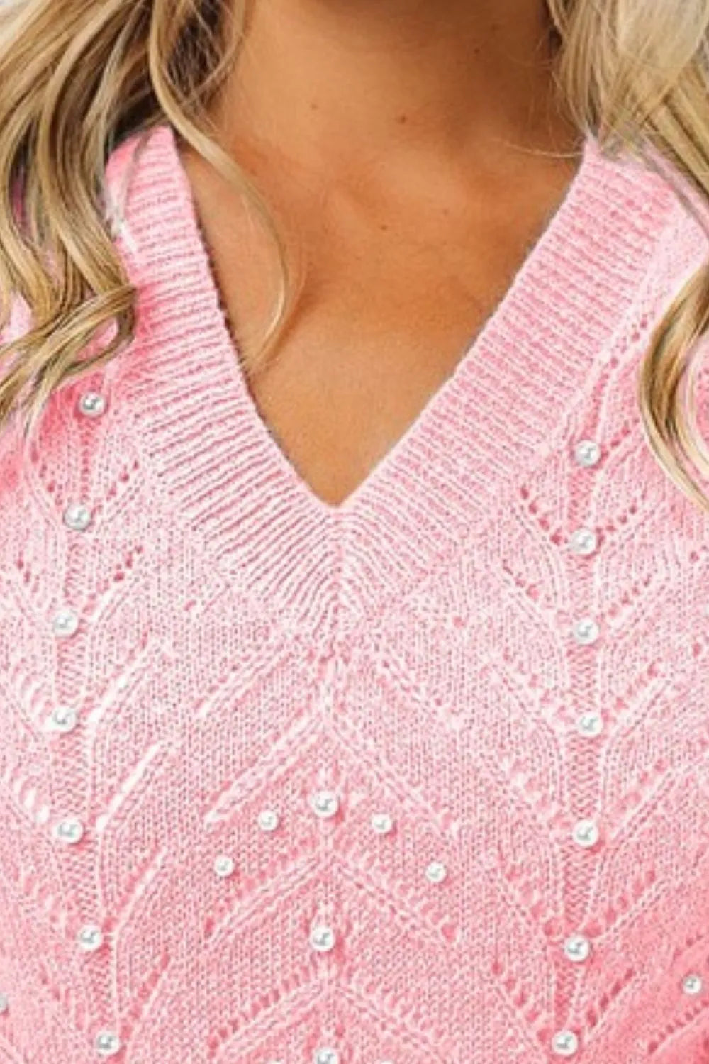 BiBi Chevron Pointelle Pearl Knit Top in Blush