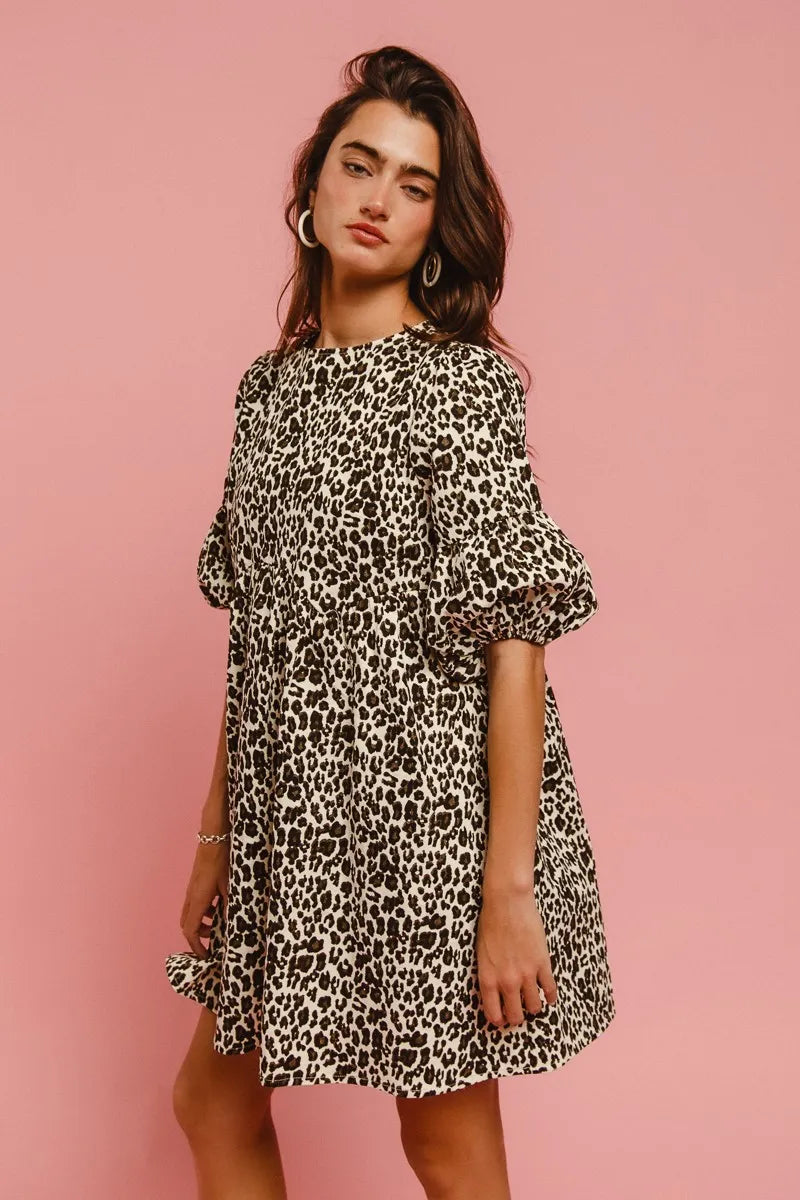 BiBi Leopard Denim Dress With Back Contrast Tie Detail