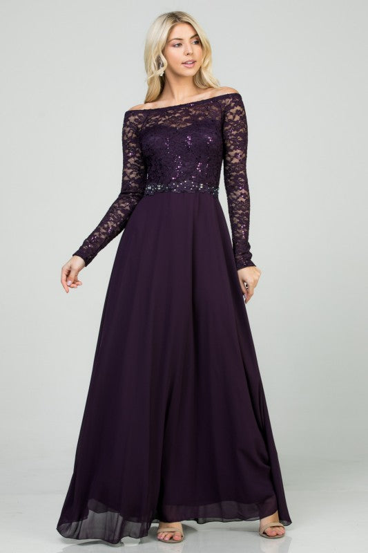 La Scala Long Sleeve Lace and Chiffon A-Line Gown