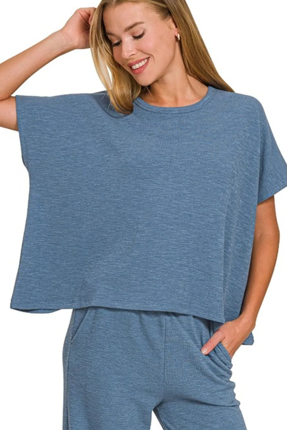 Zenana Cotton Slub Top & Pants Set in Dusty Blue