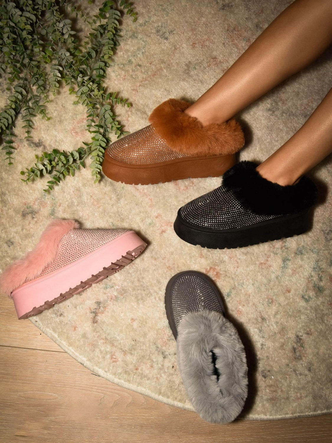 WILD DIVA Embellished Faux Fur Platform Booties in Grey