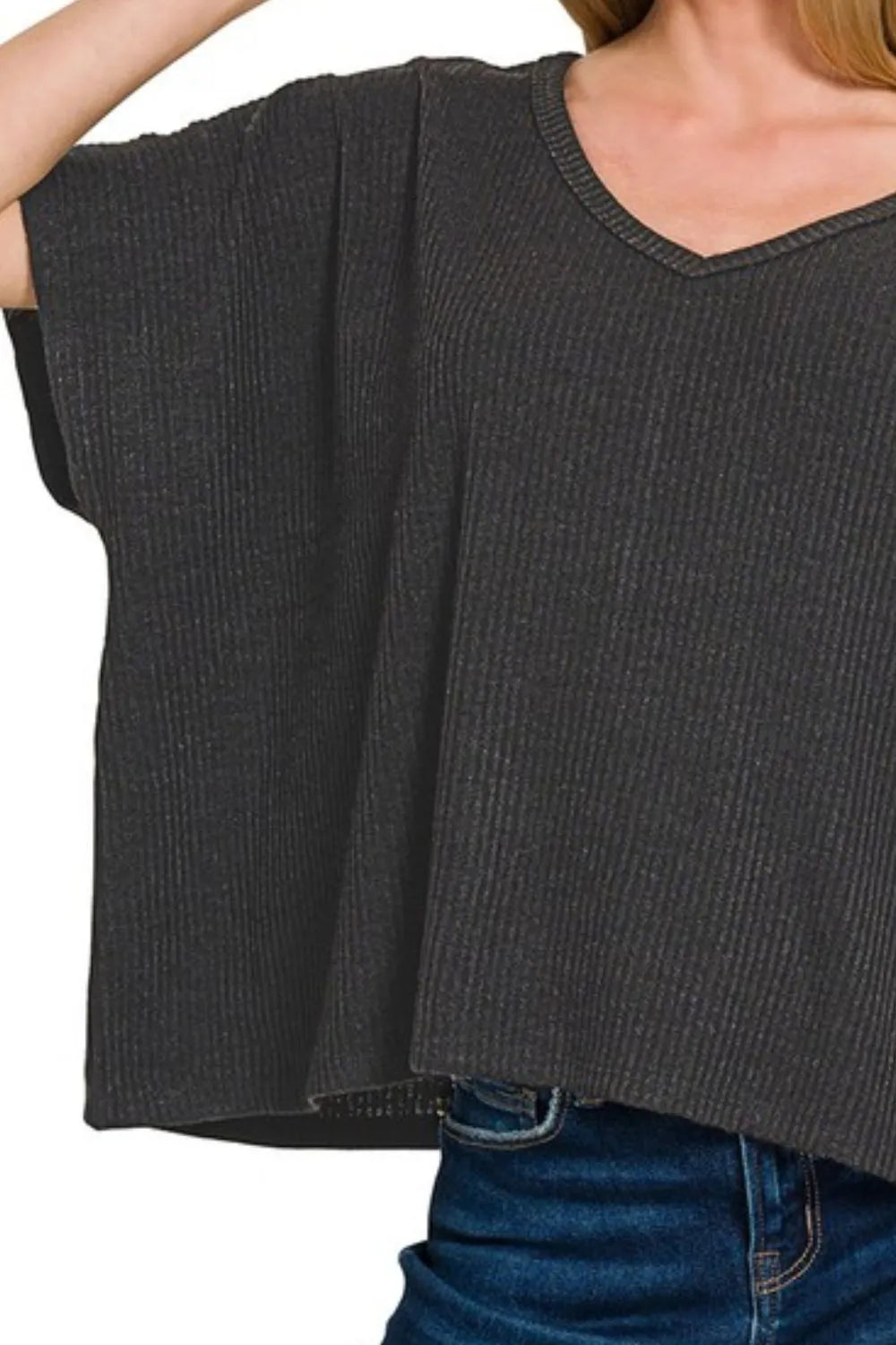 Zenana Ribbed V-Neck Short-Sleeve Knit Top in Black