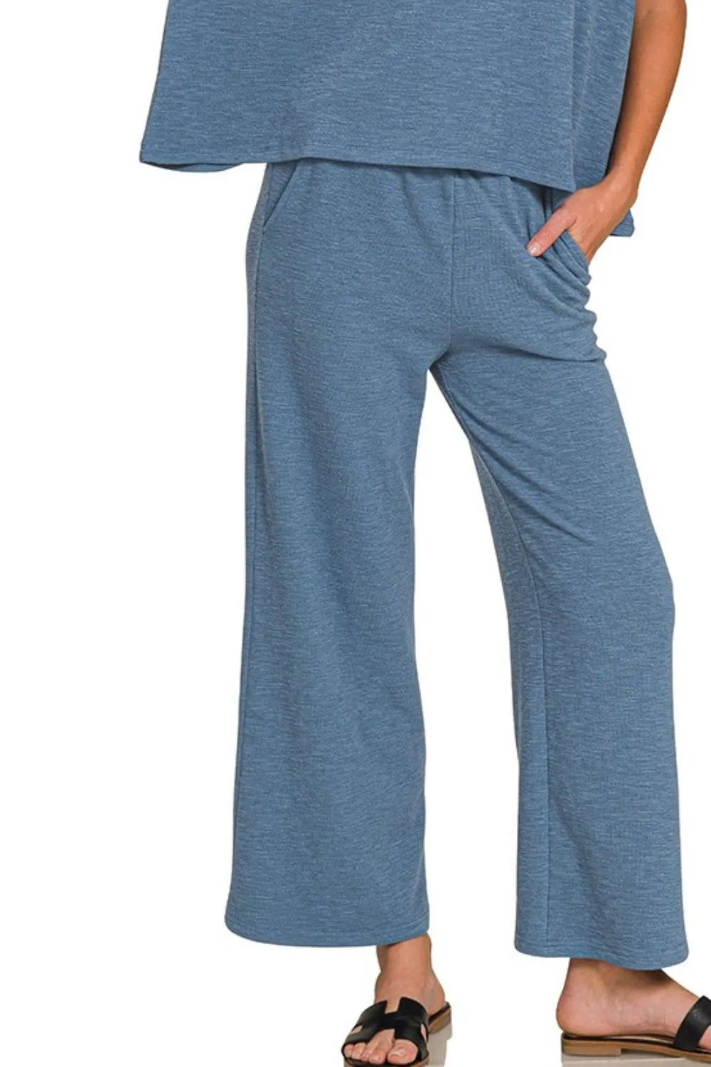Zenana Cotton Slub Top & Pants Set in Dusty Blue