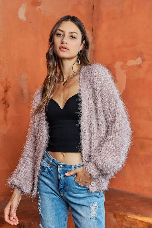 ADORA Fuzzy Sweater Cardigan in Sand