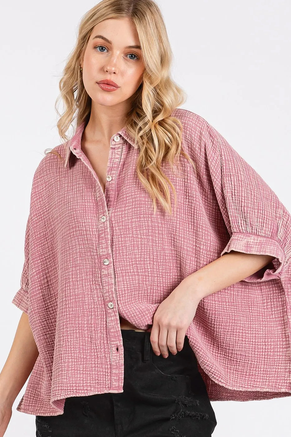 Mittoshop Mineral Wash Gauze Dolman Sleeve Button Down Shirt in Pink