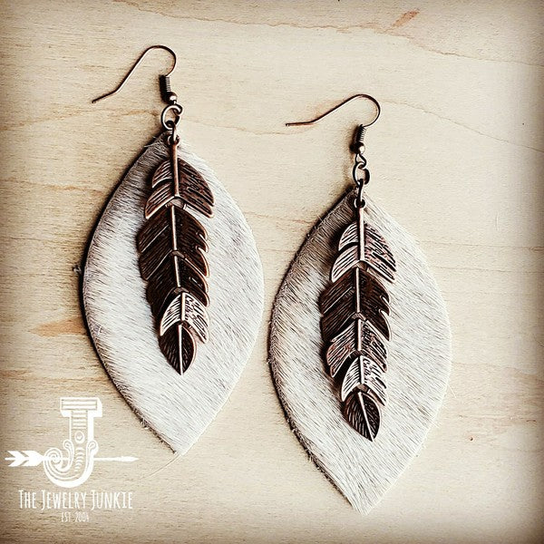 Leather Oval Earrings Tan Hair-on-Hide w Feather