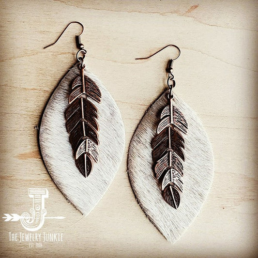 Leather Oval Earrings Tan Hair-on-Hide w Feather