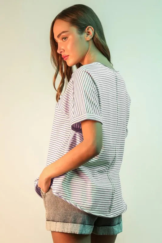 VERY J Striped V-Neck Short Sleeve T-Shirt in Lavender