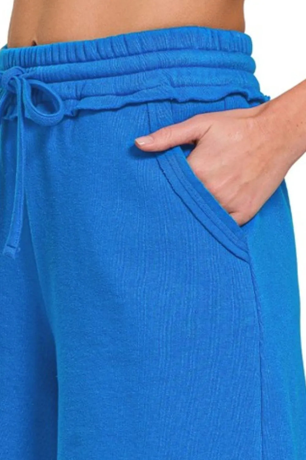 Zenana Fleece Raw Hem Shorts With Draw String in Blue
