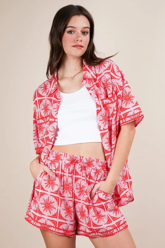 VERY J Tropical Printed Shirt Top and Shorts Set in Tomato