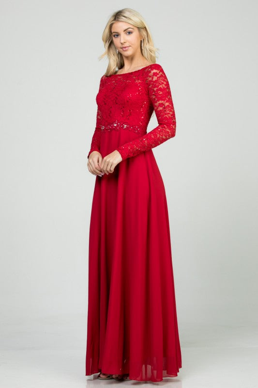 La Scala Long Sleeve Lace and Chiffon A-Line Gown