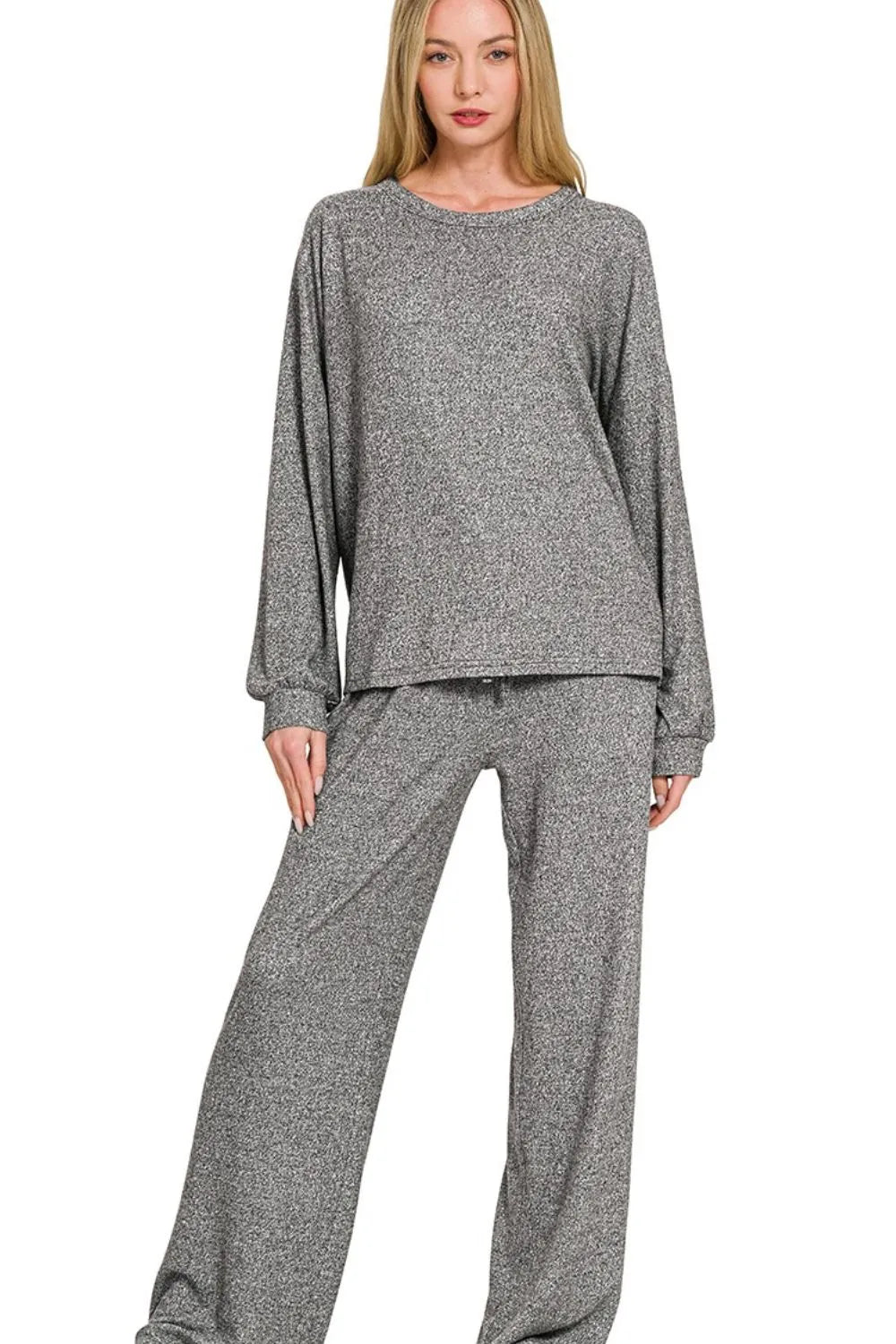 Zenana Soft Melange Hacci Long Slv Tee & Pants Set in Gray