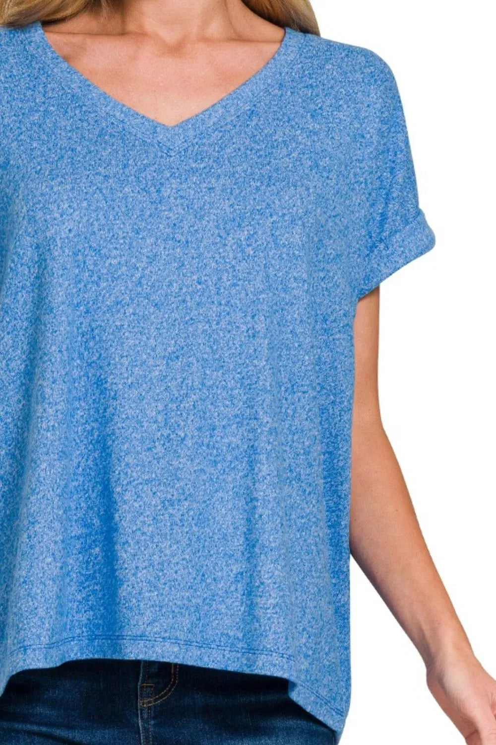 Zenana Soft Melange Hacci V-neck Tee in Blue