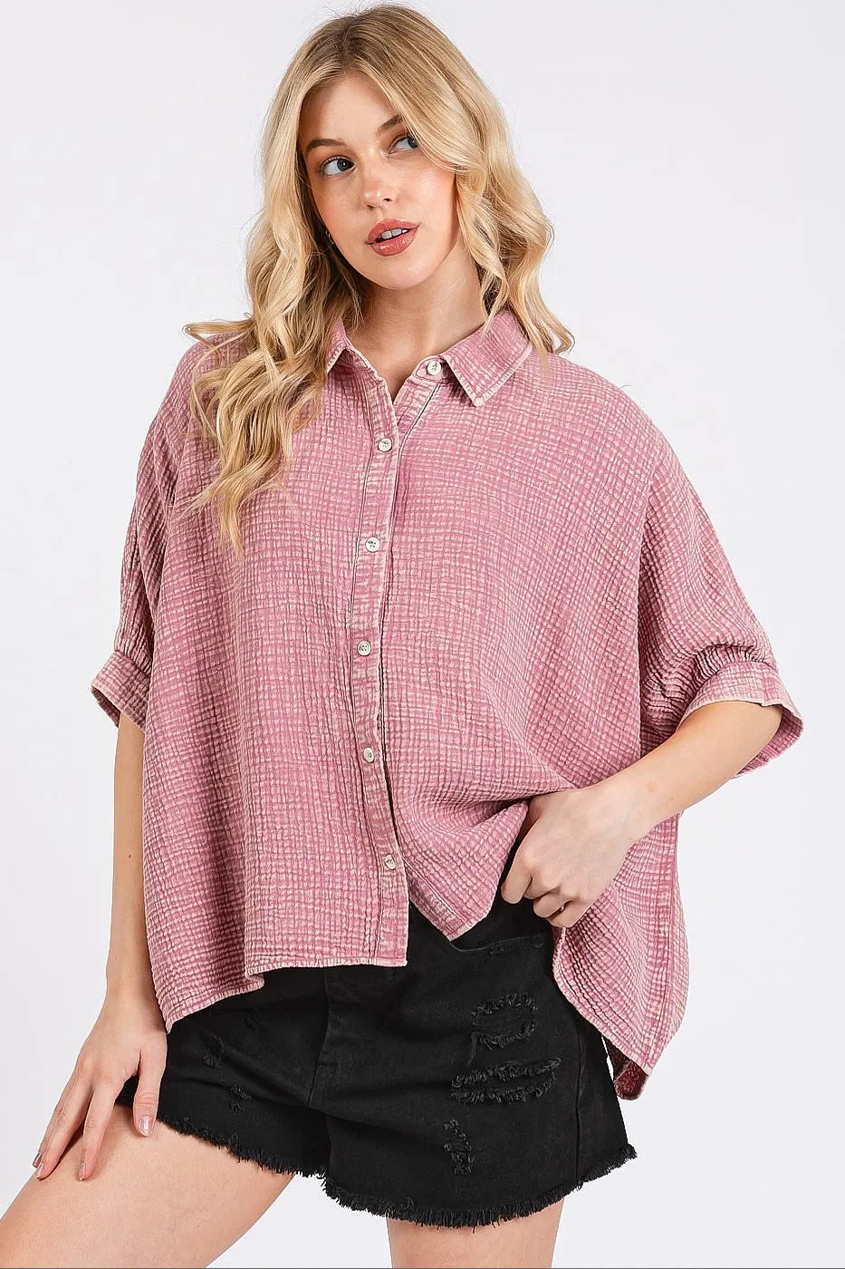Mittoshop Mineral Wash Gauze Dolman Sleeve Button Down Shirt in Pink