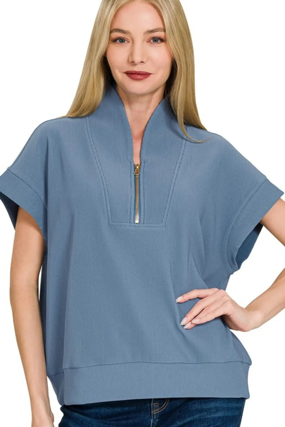 Zenana Ribbed High Neck Half Zip Top in Dusty Blue