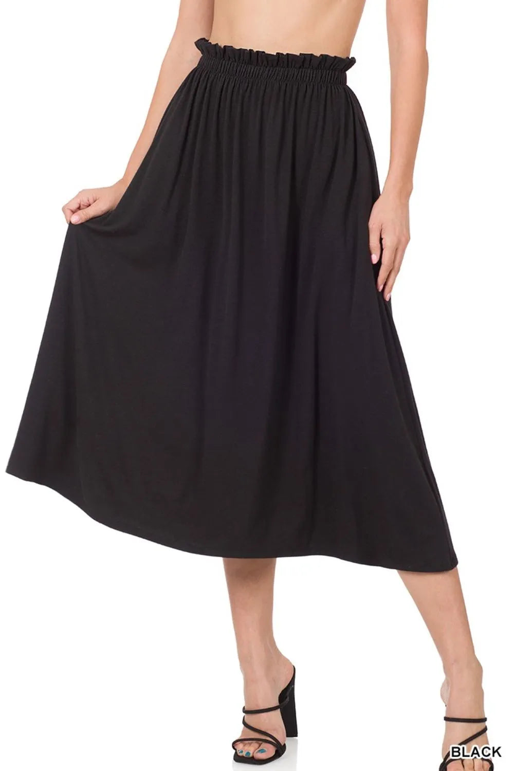 Zenana Paperbag Waist Midi Skirt With Pockets in Black