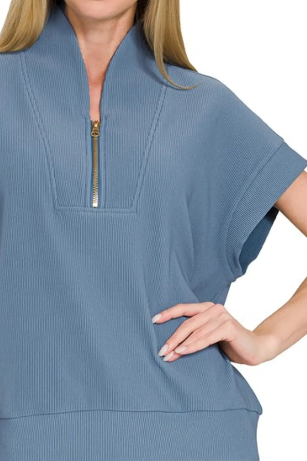 Zenana Ribbed High Neck Half Zip Top in Dusty Blue