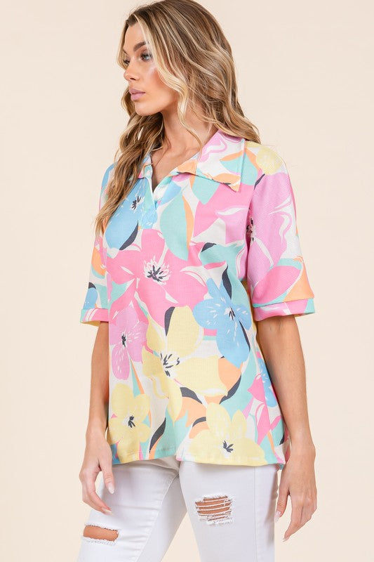 BOMBOM Floral Collared Neck Half Sleeve Top