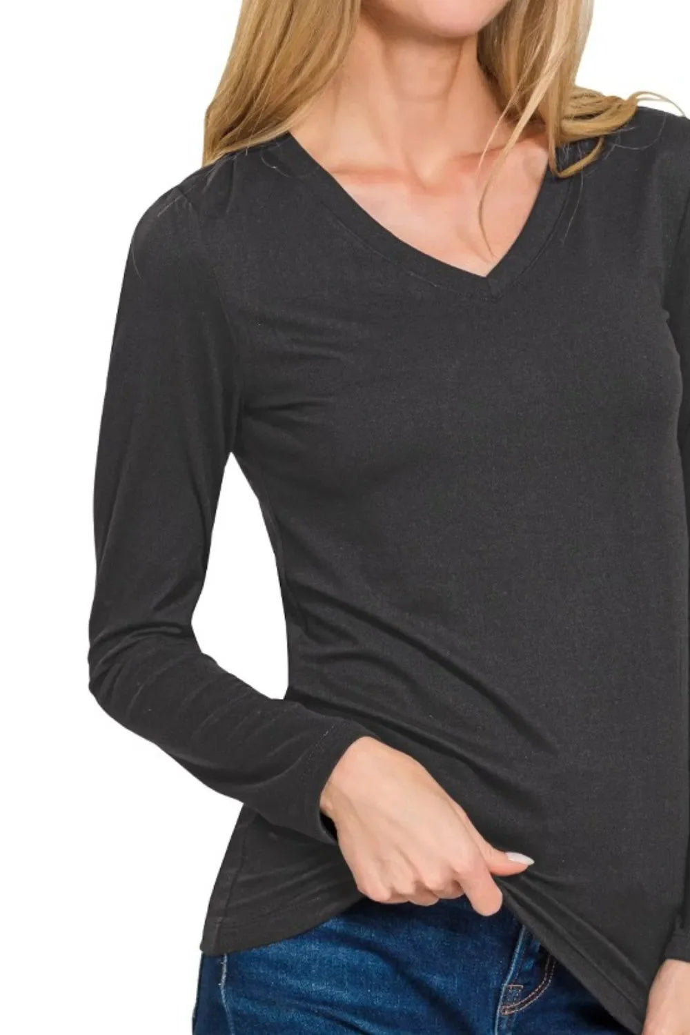 Zenana Brushed Microfiber Long Sleeve V-neck Tee in Black