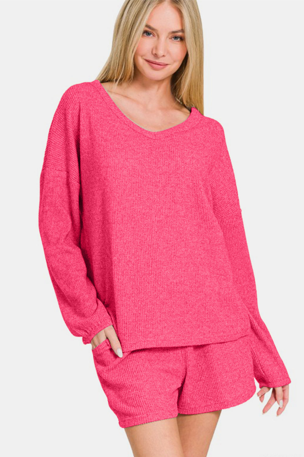 Zenana V-Neck Long Sleeve Ribbed Top and Shorts Set in Strawberry