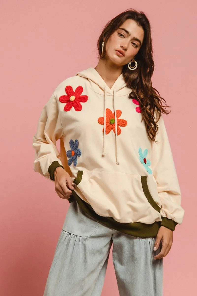 BiBi Patched Hoodie Top in Oatmeal