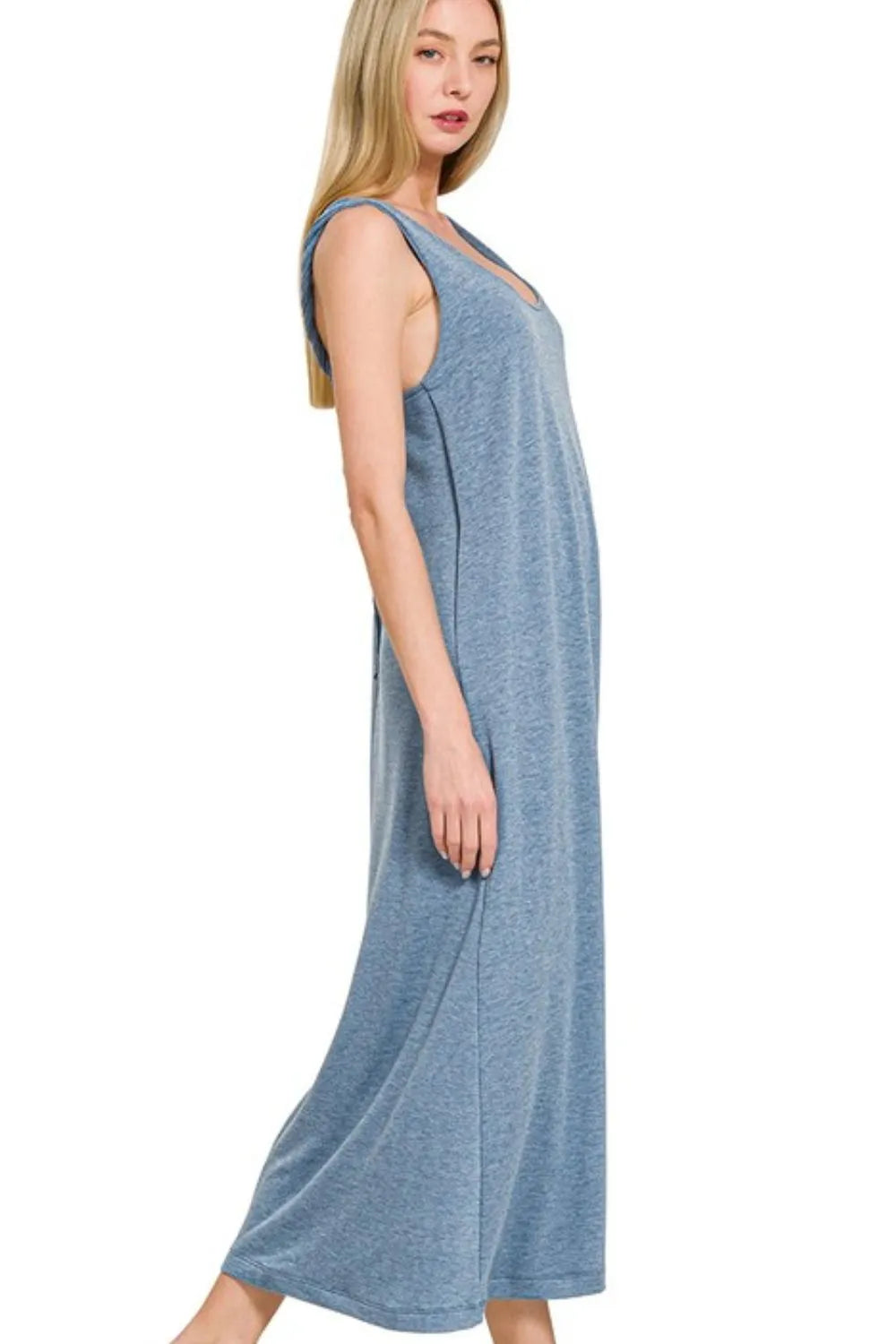 Zenana French Terry Twisted Strap Midi Dress in Blue