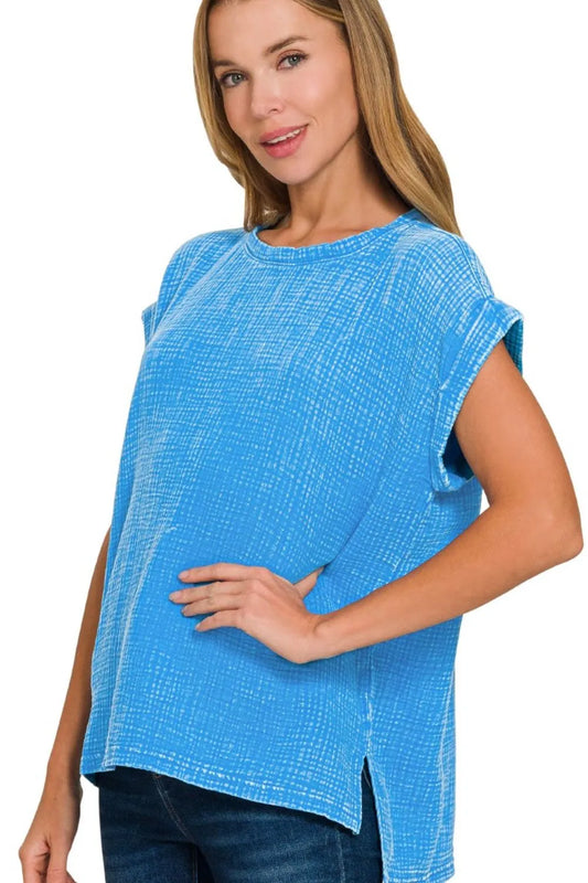 Zenana Woven Double Gauze Acid Washed Short Sleeve Top