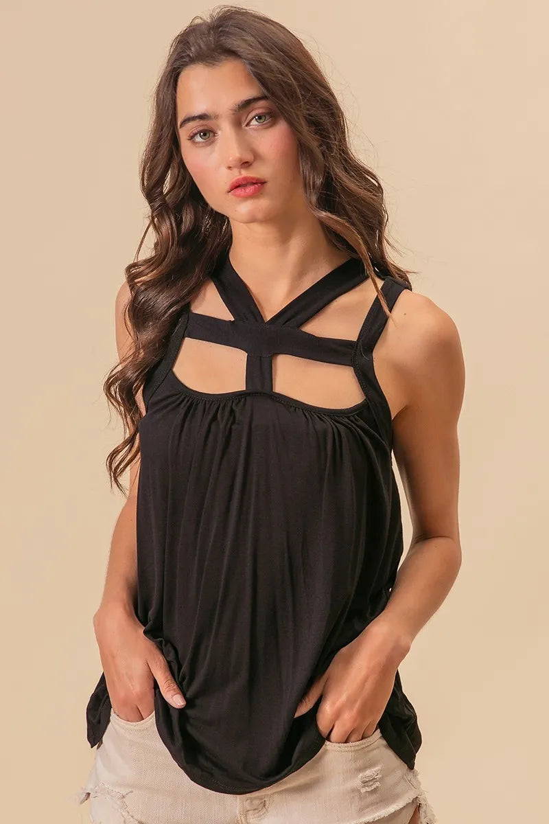 BiBi Rayon Span Jersey Cut Out with Straps Detailed in Black