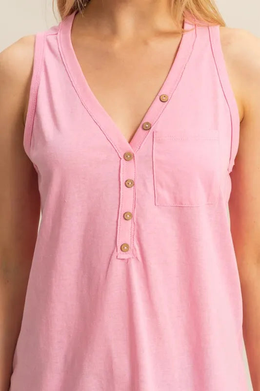 HYFVE Slub Knit Half Button Sleeveless Top in Pink
