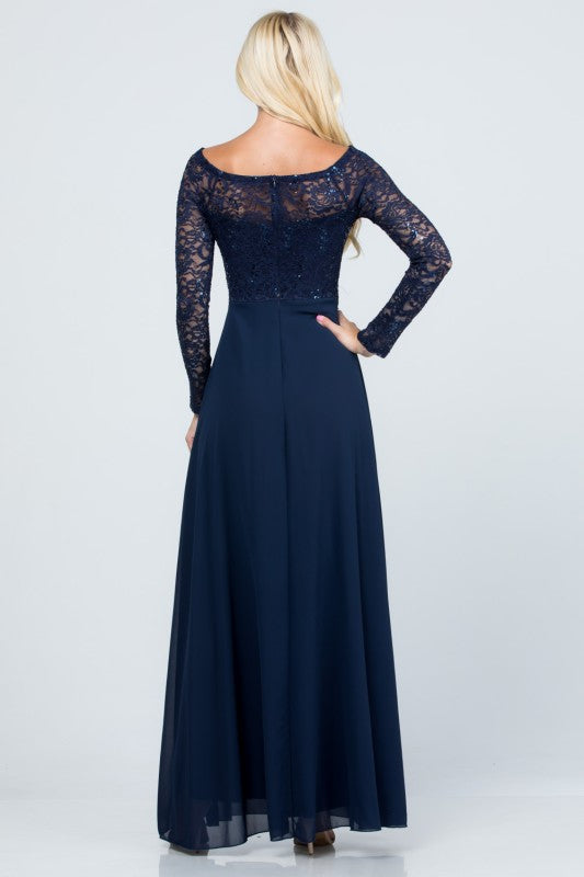 La Scala Long Sleeve Lace and Chiffon A-Line Gown