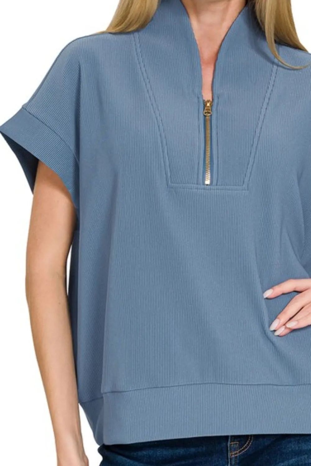 Zenana Ribbed High Neck Half Zip Top in Dusty Blue