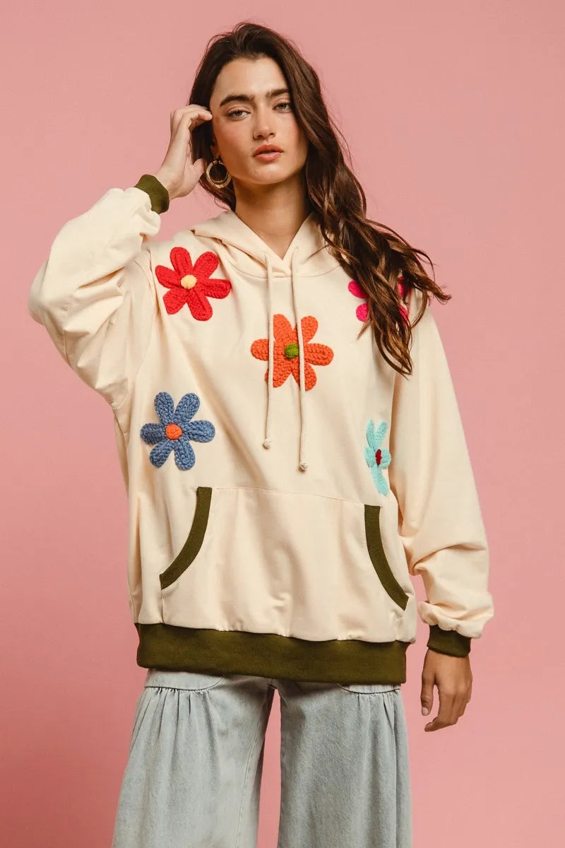 BiBi Patched Hoodie Top in Oatmeal