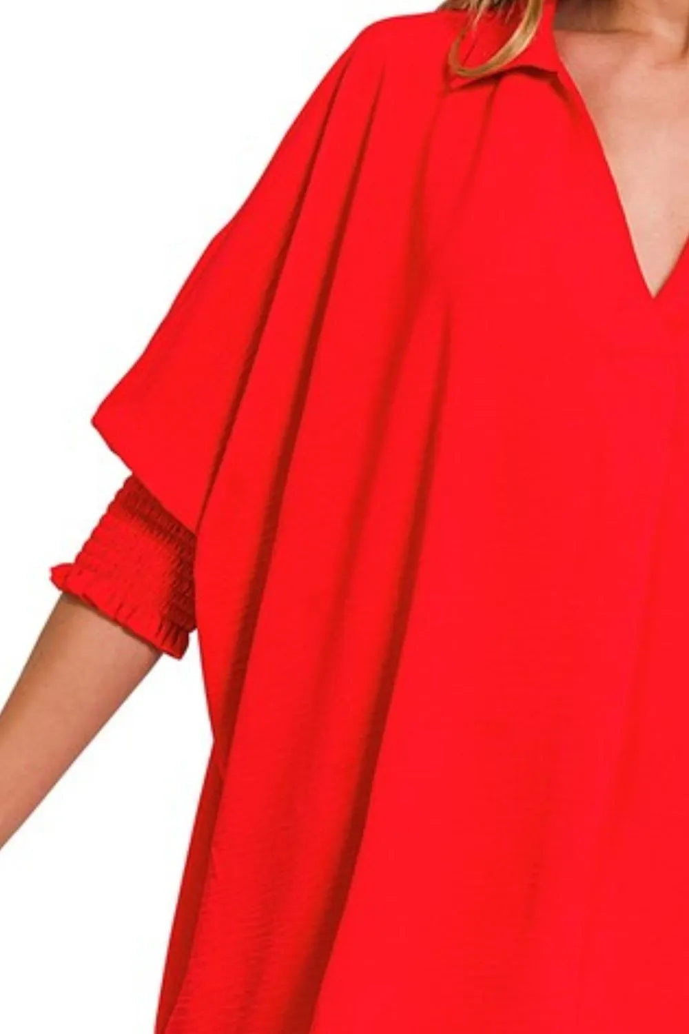 Zenana Airflow Collar Tee with Smocked Sleeve Band Top in Tomato