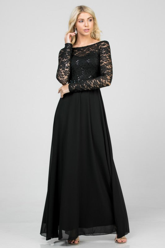 La Scala Long Sleeve Lace and Chiffon A-Line Gown