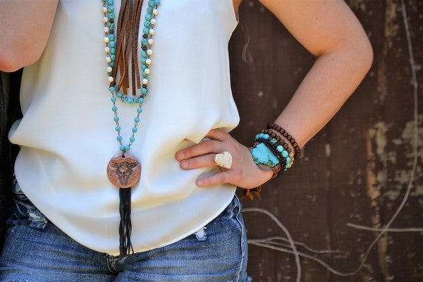 Turquoise Bracelet w Stone Slab & Adjustable Ties