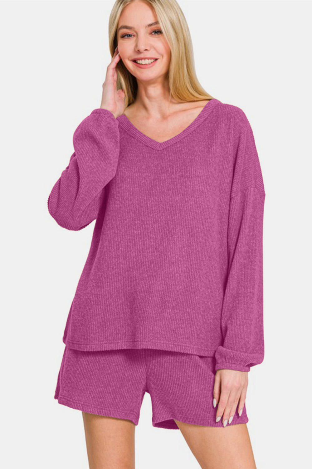 Zenana V-Neck Long Sleeve Ribbed Top and Shorts Set in Red Violet