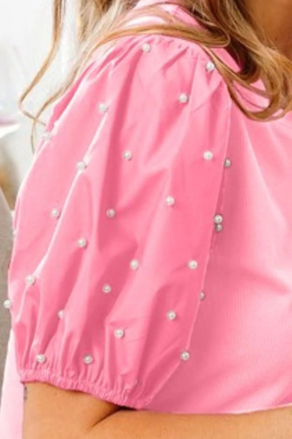 BiBi Pearl Beaded Short Puff Sleeve Top in Pink