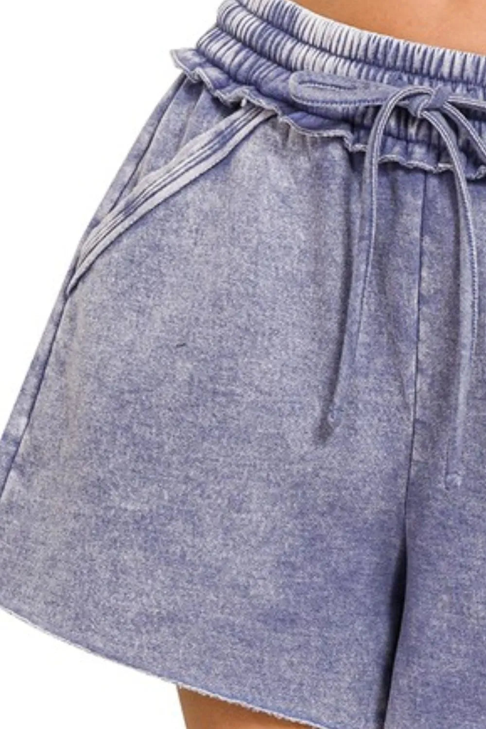 Zenana Acid Wash Fleece Drawstring Shorts With Pockets in Marlin