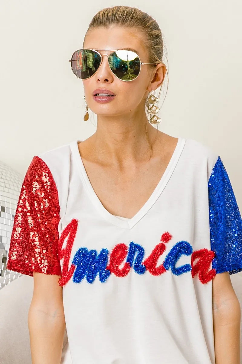 BiBi Metallic Letter V-neck Sequin Sleeves Top in Cream