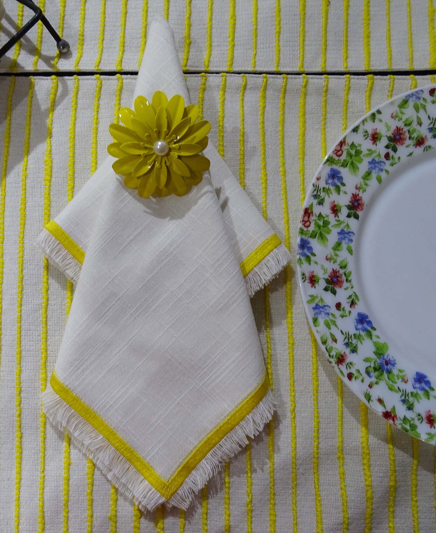 Table Cloth Napkins Set of 4 with Yellow Embroidery