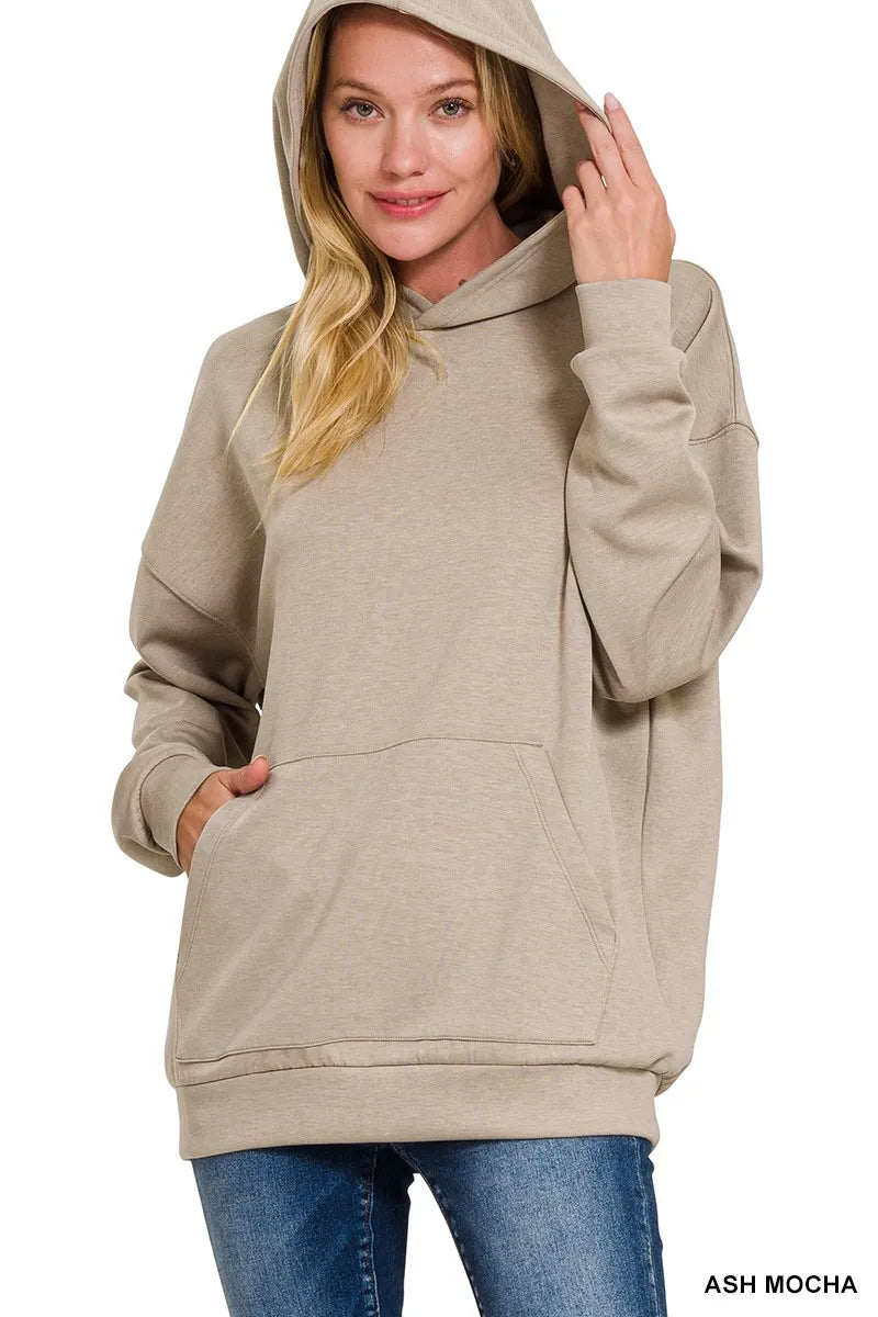 Zenana Oversized Scuba Hoodie with Kangaroo Pocket in Mocha