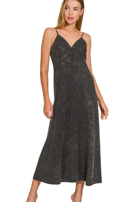 Zenana Tencel Mineral Washed Maxi Dress in Black