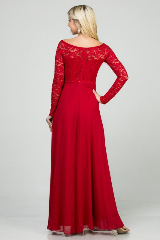 La Scala Long Sleeve Lace and Chiffon A-Line Gown