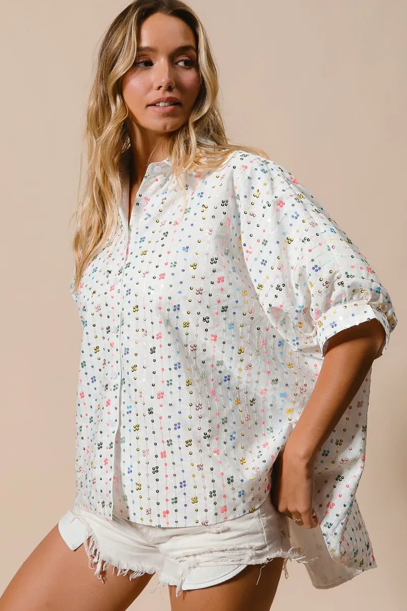 BiBi Sequin Striped Short Dolman Sleeve Blouse