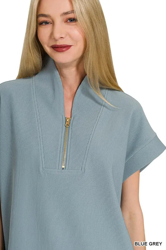 Zenana Ribbed High Neck Half Zip Top in Blue Grey